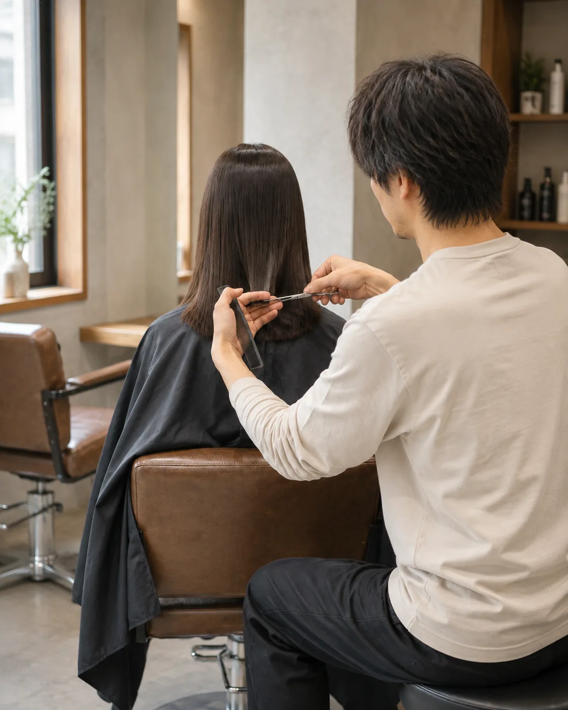 明るいサロンで、美容師がお客様の髪を丁寧にカットする様子