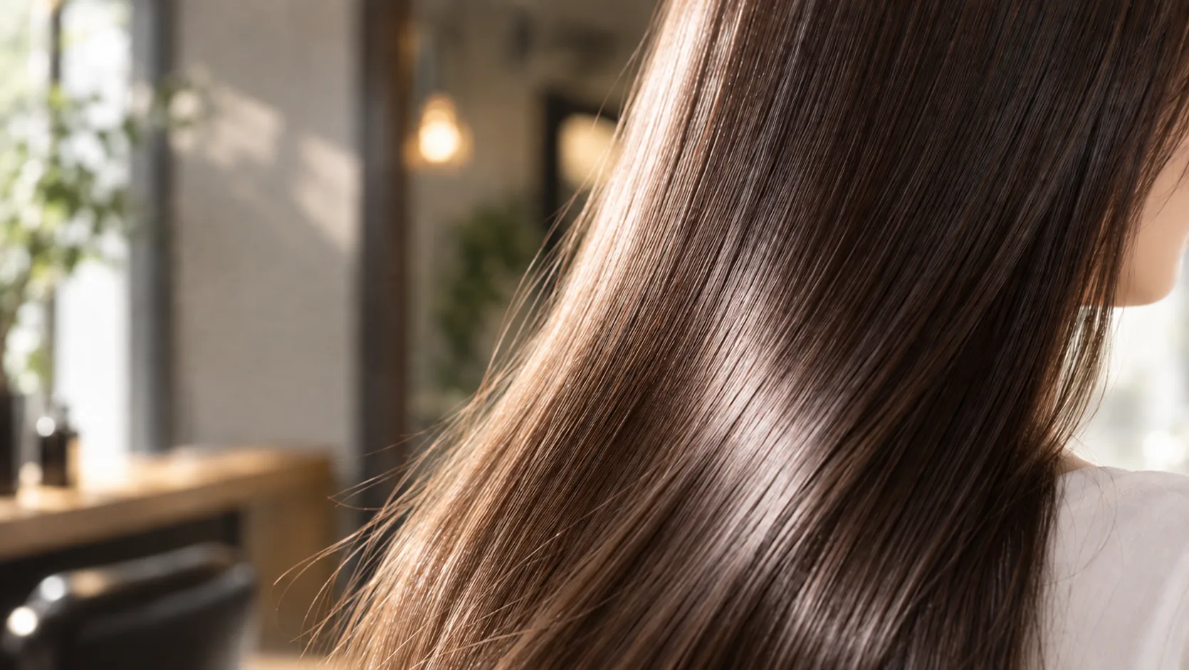 暖かな光のサロンで艶のあるストレートヘアを大きく写した様子