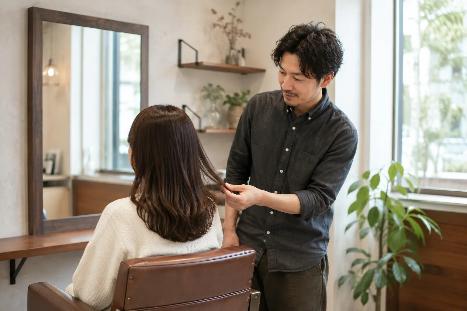 明るい一席のサロンで、美容師がお客様の髪を見ながら一対一で相談する様子
